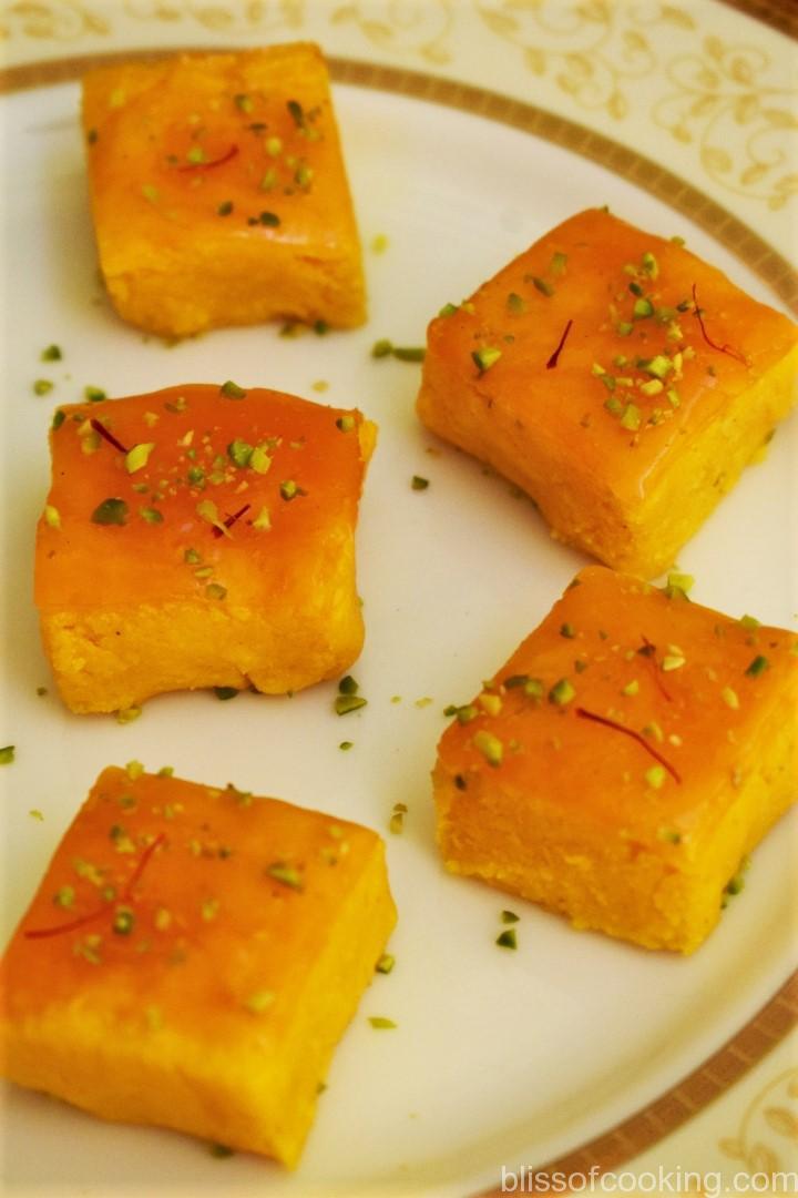 Glazed Mango Sandesh, Glazed Ricotta Cheese and Mango squares