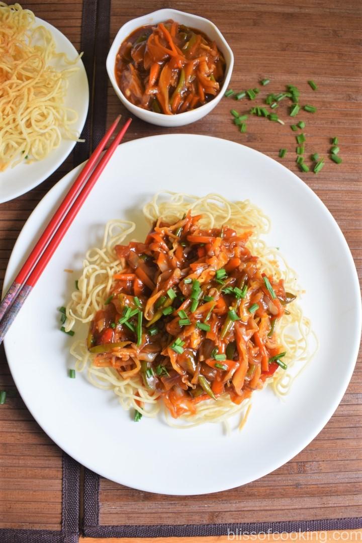 Veg American Chop Suey, Crispy Noodles in Sweet and Sour Sauce