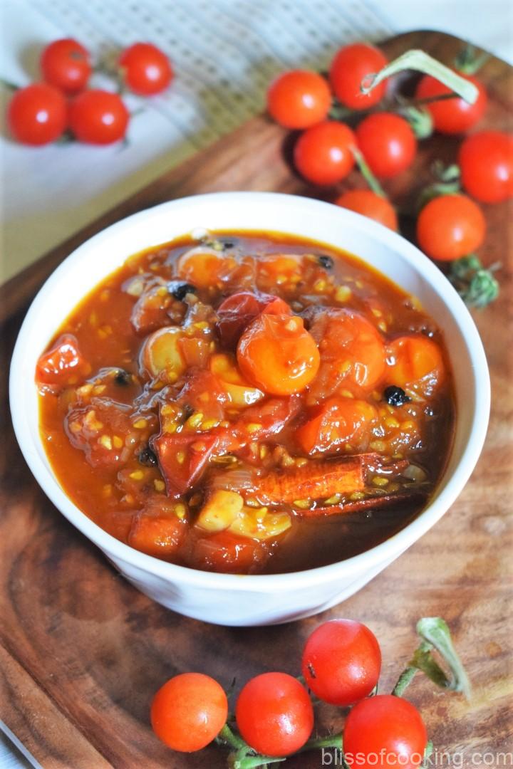 Spicy Cherry Tomato Relish, tomato chutney, sides, condiments