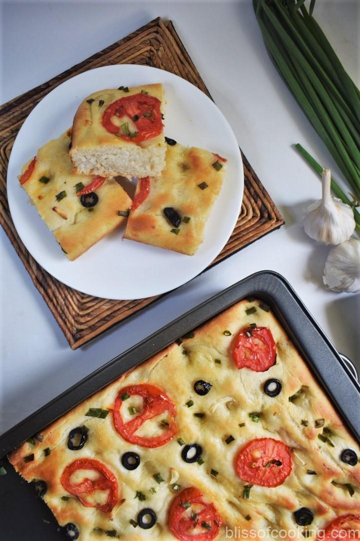Easy Tomato Olive Focaccia Bread - Bliss of Cooking