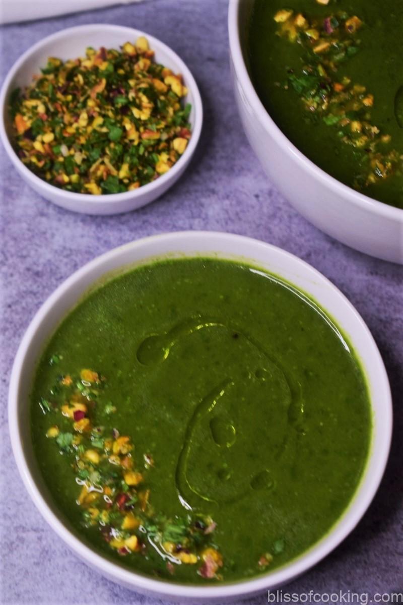 Creamy Spinach Soup with Pistachio Gremolata, Spinach Soup, Green Soup, Soup with Gremolata